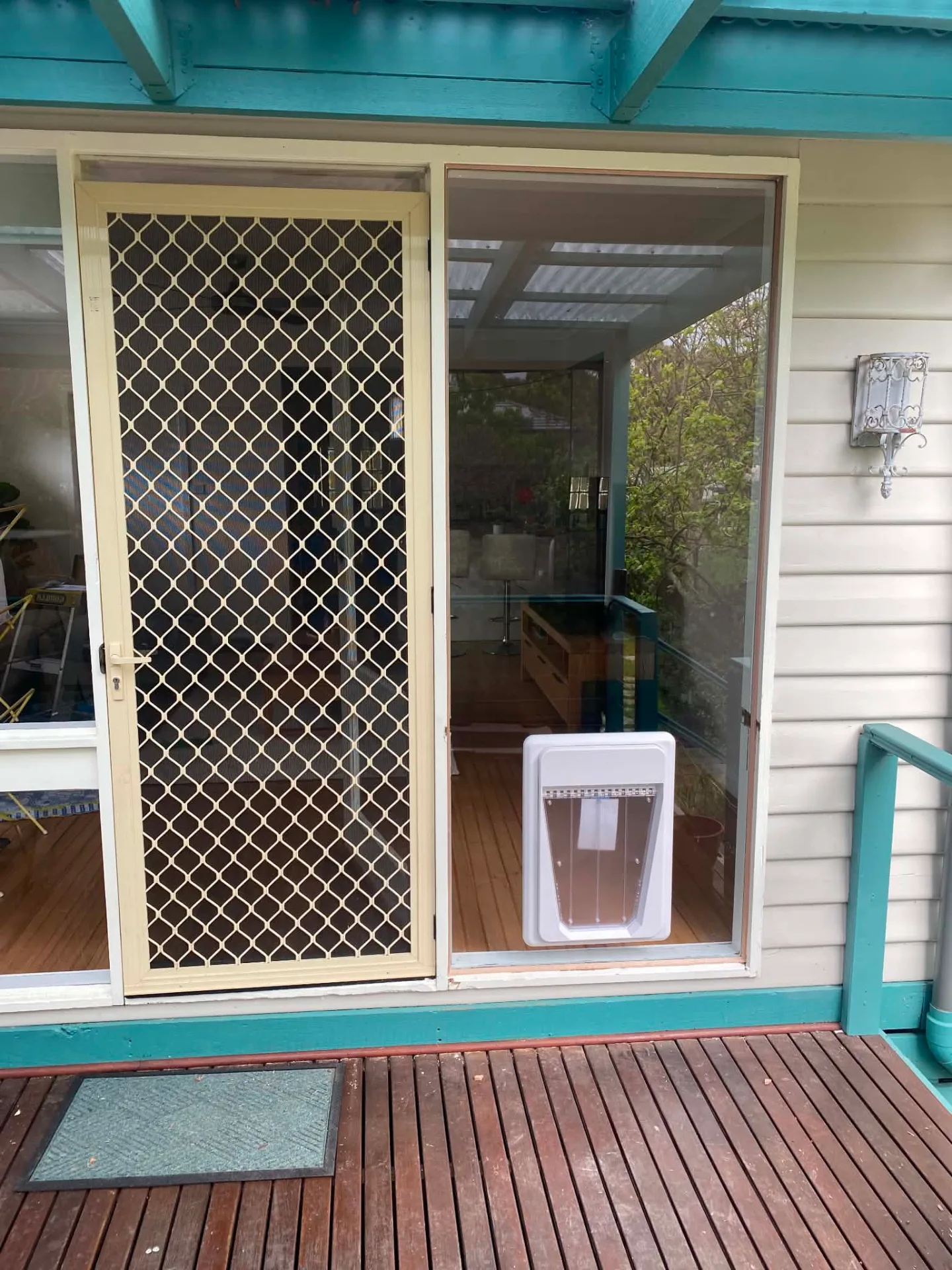 Glass Door with Installed Pet Door and Golden Retriever